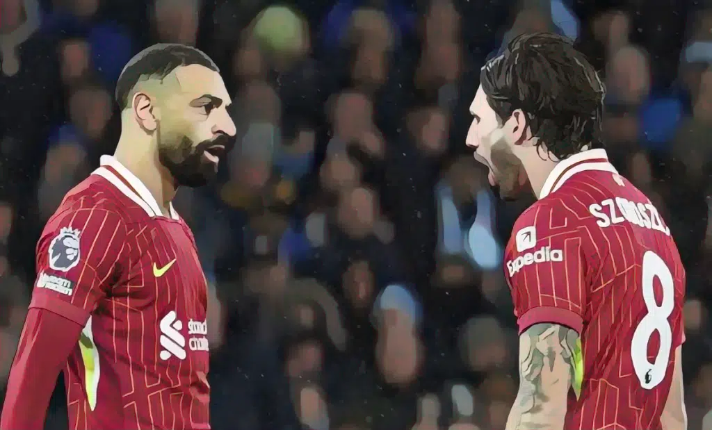 Dominik Szoboszlai celebrates with Mohamed Salah after scoring Liverpool’s second goal