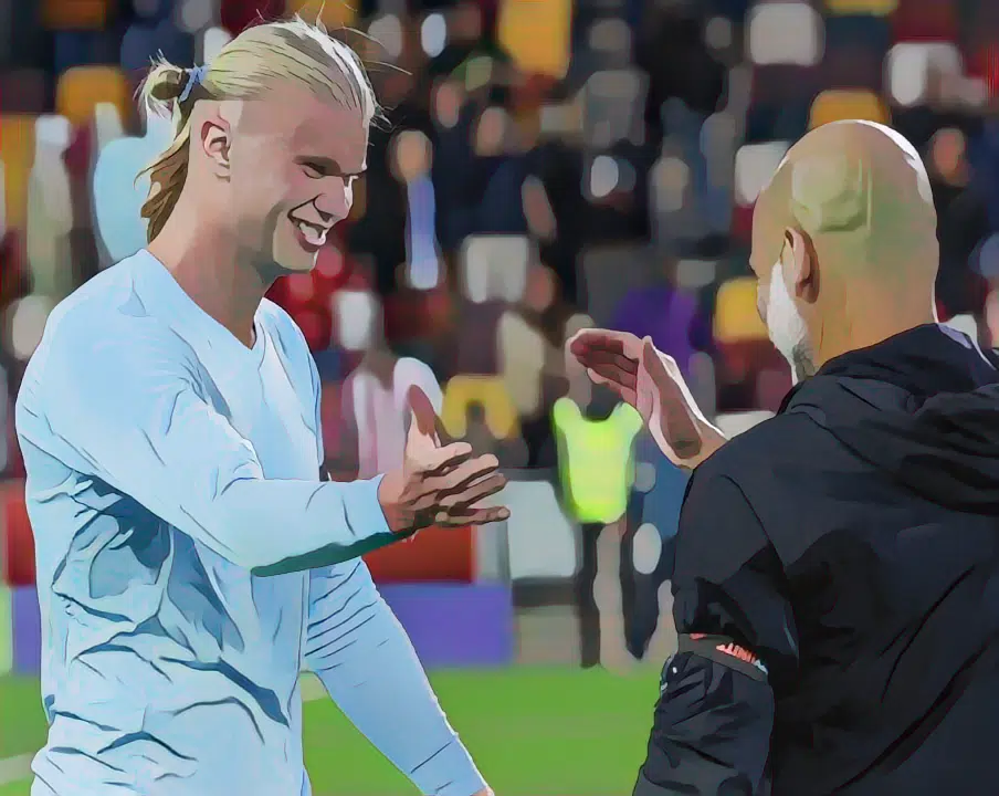 Pep Guardiola congratulates Erling Haaland after the striker’s early goal