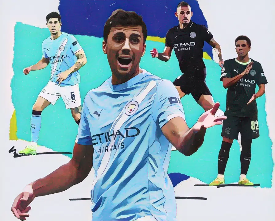 Manchester City’s John Stones, Rodri, Kalvin Phillips and Rico Lewis