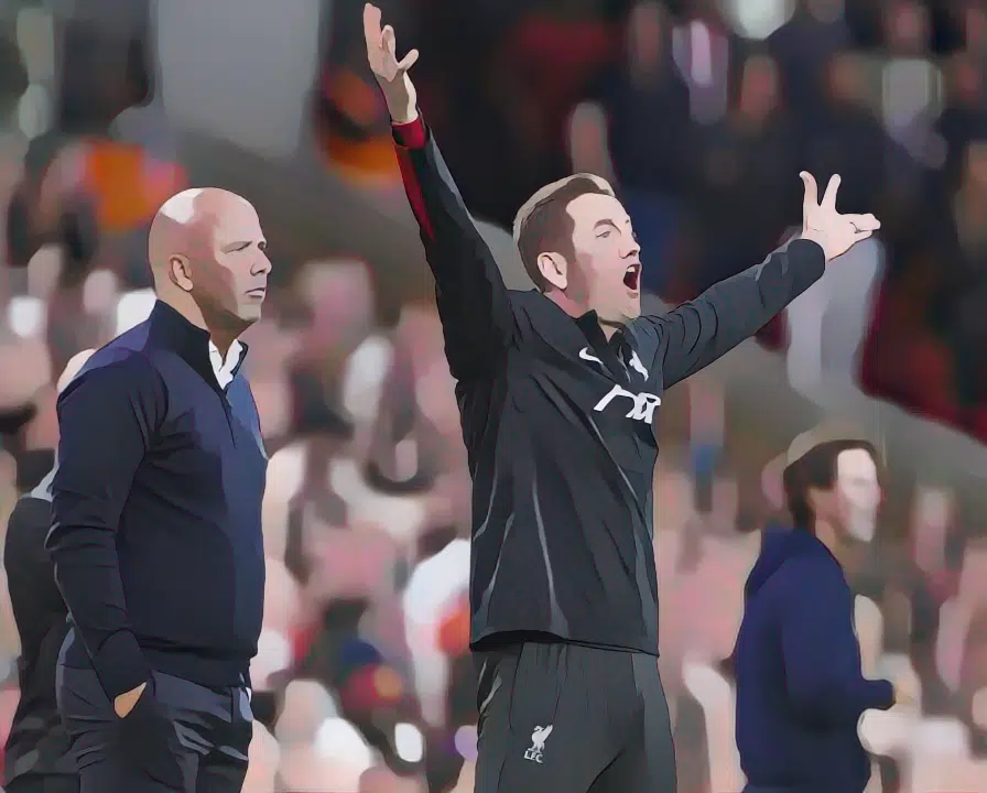 Liverpool set-piece coach Aaron Briggs with Arne Slot at Anfield