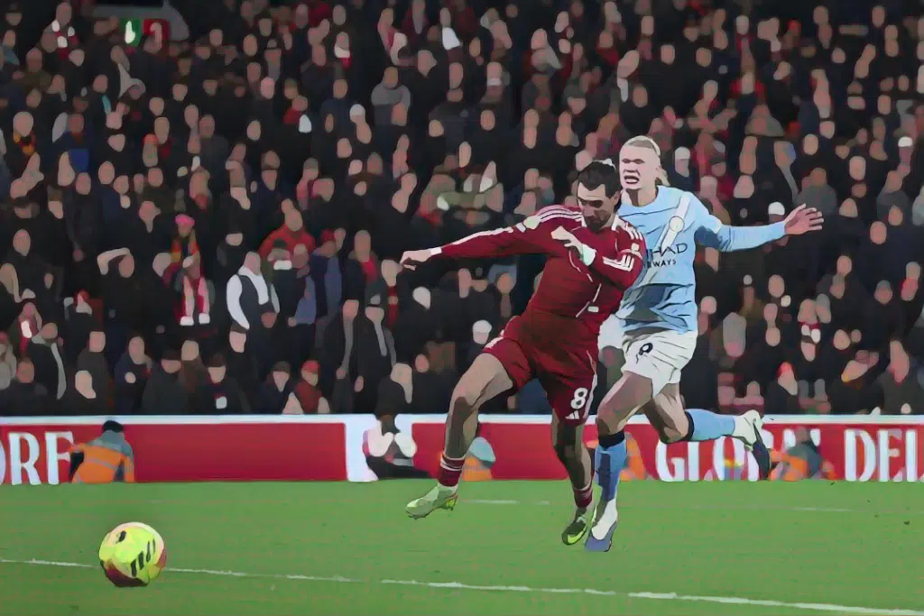 Erling Haaland and Dominik Szoboszlai chase the ball at Anfield.