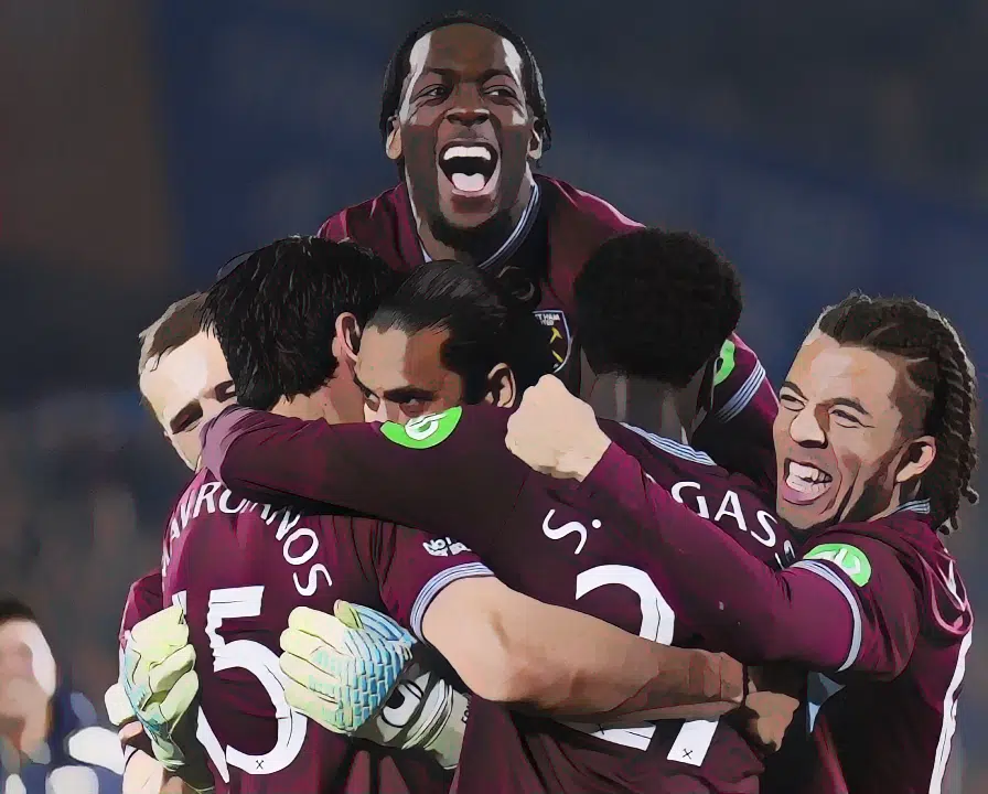Konstantinos Mavropanos celebrates with his teammates after scoring West Ham’s winning penalty in the shootout