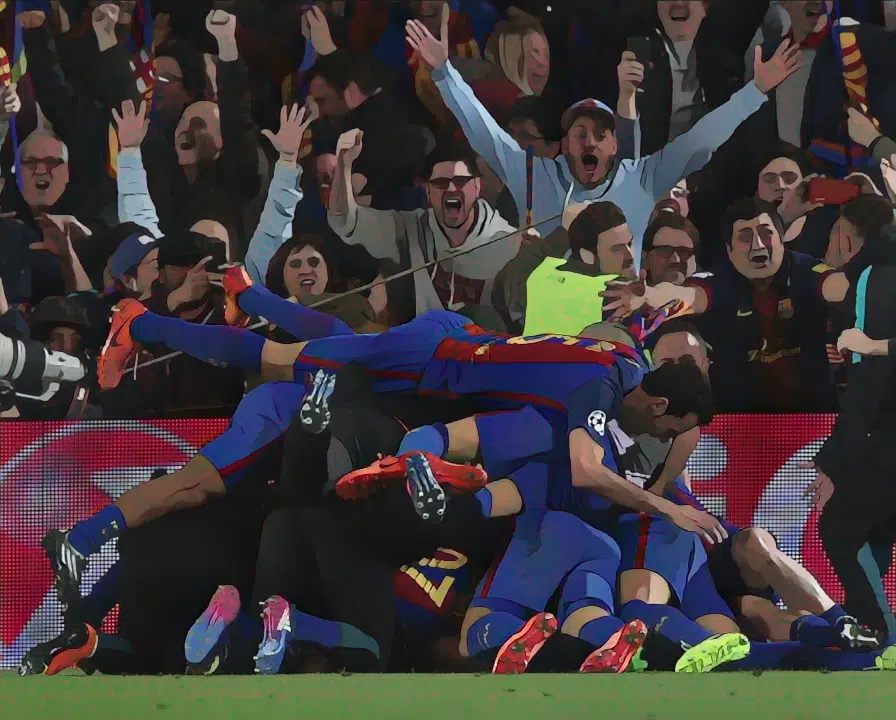 Sergi Roberto is engulfed by his teammates after his goal