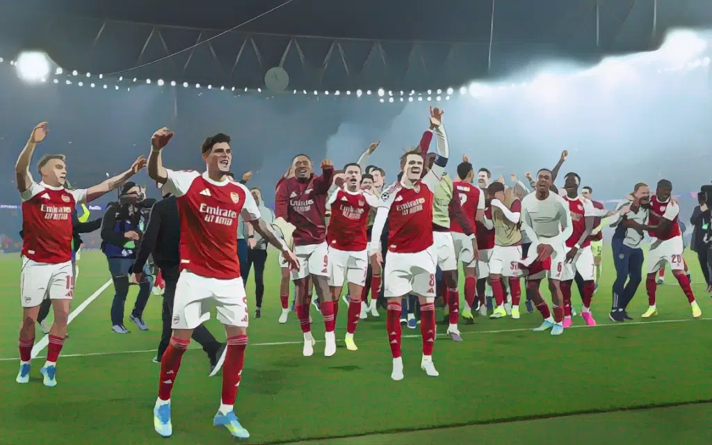 Arsenal players celebrate with the fans after overcoming Atlético Madrid in the Champions League semi-finals