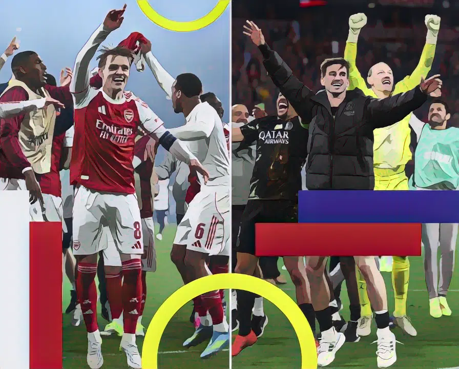 Arsenal and PSG celebrate their semi-final victories.
